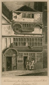 Ingången till en judarsynagoga på Leadenhall Street, London, tidigare Bricklayers Hall av English School