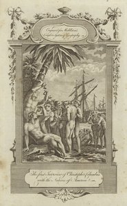 Den första intervjun av Christopher Columbus med de infödda i Amerika av English School