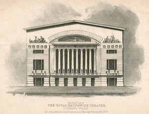 Framifrån av Royal Brunswick Theatre, Goodmans Fields, London av English School