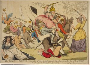 Frankrikes geni som utrotade despotism, tyranni och förtryck från jordens yta, eller de kungliga krigarna besegrade, 1792 (handfärgad etsning) av English School