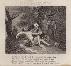 Den barmhärtige samariten, Lukas X, ver 30, 36 (gravyr) av English School
