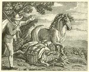 Hästen och den laddade åsnan (gravyr) av English School