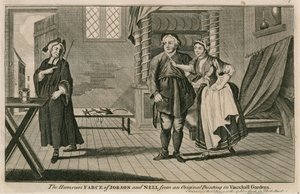 Den humoristiska farsen av Jobson och Nell från en originalmålning i Vauxhall Gardens, London av English School