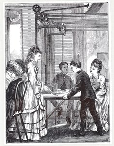 Instrumenten för att bära meddelanden vid Post Office Telegraph Headquarters, Telegraph Street, London, från The Graphic, 1871 av English School