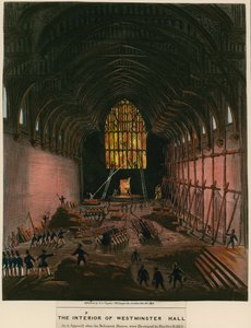 Interiören i Westminster Hall som den såg ut när parlamentshusen förstördes av brand av English School