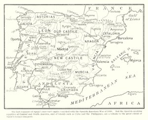 De sista resterna av Spaniens en gång så stora imperium försvann i och med det spansk-amerikanska kriget 1898 (litografi) av English School