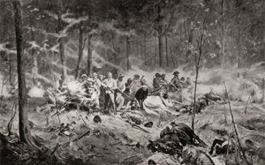 Major Allan Wilsons sista stånd vid Shanganifloden, Matabeleland, under första Matabelekriget 1893, efter målningen av Allan Stewart, från 