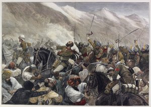 Det sena afghanska kriget: Major Wigram Battyes död i slaget vid Futtehabad 30 april (färgad gravyr) av English School