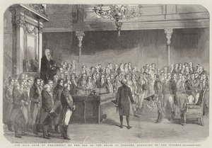 Den framlidne hertigen av Wellington vid baren i underhuset, tilltalad av talmannen (gravyr) av English School
