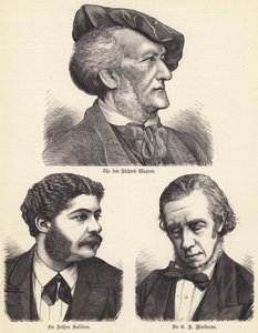 Den bortgångne Richard Wagner, Sir Arthur Sullivan, Sir GA Macfarren (gravyr) av English School
