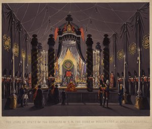 De liggande i tillståndet av kvarlevorna av F M The Duke of Wellington på Chelsea Hospital, november 1852 (färgad gravyr) av English School