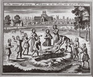 Sättet att begrava Wm Wiseman på fälten, som dog i fängelset, illustration från Foxes Martyrs c.1703 av English School