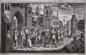Sättet att bära Nicholas Burton genom staden Sevill till platsen för hans martyrskap, illustration från Foxes Martyrs c.1703 av English School