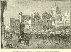 Marknadsplatsen och Church of St Peter Mancroft, före restaureringen av English School