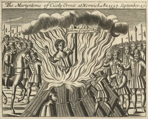 Cicely Ormes martyrdöd i Norwich den 23 september 1557 (gravyr) av English School