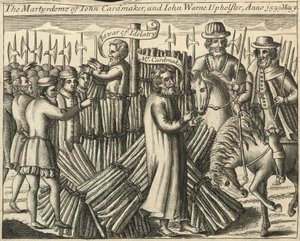 John Cardmakers och John Warnes, stoppningsmakare, martyrskap, 30 maj 1555 (gravyr) av English School