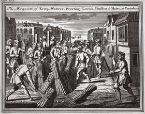 Kemp, Waterer, Prowting, Lowick, Hudson och Haies martyrskap i Canterbury, illustration från "Foxes Martyrs" ca 1703 (litografi) av English School
