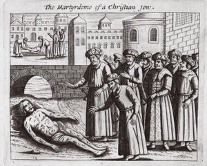 En kristen judes martyrskap, illustration från Acts and Monuments av John Foxe, nionde upplagan, pub. 1684 av English School
