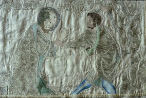 Ett helgons martyrskap, detalj från fronten av Steeple Aston Cope, ca 1340-talet (silverförgylld tråd och färgat siden på fawn sidenkypert) av English School