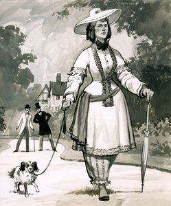 Det medelviktorianska modet för damer som bar bloomers uppfanns av Mrs Bloomer. av English School