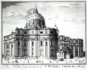 Den nordöstra utsikten av St. Peters Church, Rom, graverad av H. Hulfbergh av English School