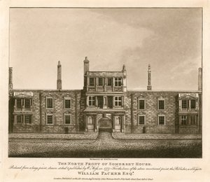 Norra fronten av Somerset House, The Strand, London, baserat på ett tryck ritat av W. Moss 1777 av English School
