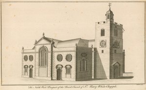 Den nordvästra utsikten av Parish Church of St Mary, Whitechapel, London av English School