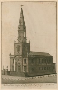 Den nordvästra utsikten av församlingskyrkan St George i Southwark, London av English School
