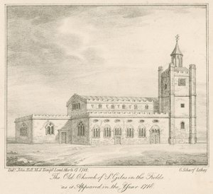 Den gamla kyrkan St Giles in the Fields, London, som den såg ut år 1718 av English School