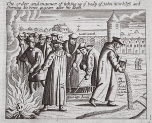 Ordningen och sättet att ta upp John Wickliffs kropp och bränna hans ben 44 år efter hans död, illustration från Acts and Monuments av John Foxe, nionde upplagan, pub. 1684 av English School