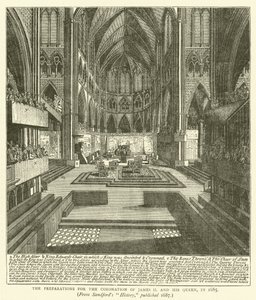 Förberedelserna för kröningen av James II och hans drottning, 1685, från Sandfords "History", publicerad 1687 (gravyr) av English School
