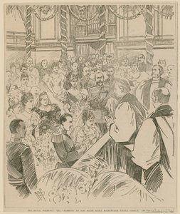 Det kungliga bröllopet, ceremonin vid altarskenorna, Buckingham Palace Chapel, 23 juli 1896 av English School