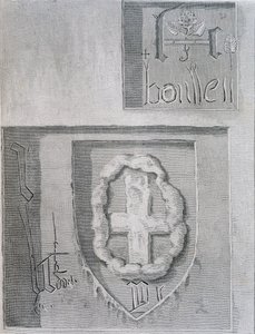 Signaturen av Anne Boleyn med Tudor Rose under hennes fängelse i Towern i London och en annan fånge ristade av ett kors, 1815 av English School