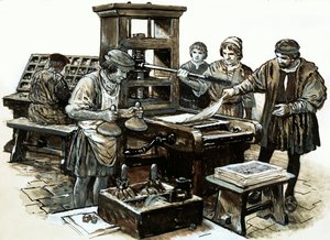 Den tredje tryckpressen i England inrättades i St. Albans 1480 (gouache på papper) av English School