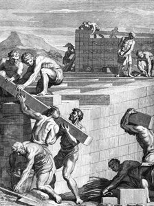 Murarna i städer bland gallerna är byggda av alternativa banor av stenar och bjälkar, graverade av Cornelis Huyberts, illustration till Caesars Commentaries översatt till engelska av William Duncan, av English School