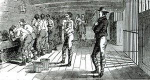 Tvättrummet under däck - fördömda fackföreningsmedlemmar som transporteras till Australien, illustrerad i The Martyrs of Tolpuddle, publicerad av Trades Union Congress, 1834 av English School