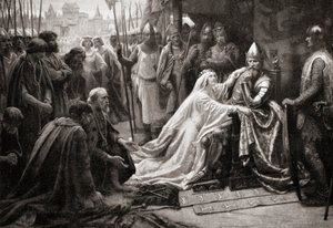 Hustrun till kung Edward III, drottning Philippa av Hainault, går i förbön inför sin man för att be att livet på de sju borgarna i Calais ska skonas (tryck) av English School