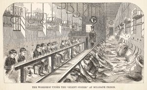 Workshopen under det tysta systemet i Millbank Prison, illustration från The Criminal Prisons of London och Scenes from Prison Life av Henry Mayhew och John Binny, pub. 1862 av English School