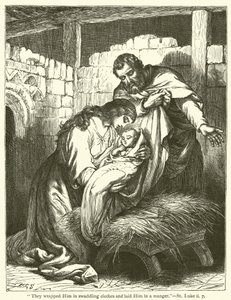 "De lindade in honom i lindade kläder och lade honom i en krubba", St Luke, ii, 7 (gravyr) av English School