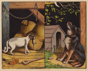 Det här är katten; Det här är hunden (färglitografi) av English School