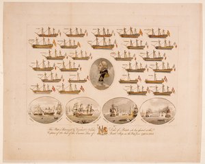 Denna skylt är beskyddad av Viscount Nelson Duke of Bronte som har assisterat vid infångandet av 26 Segel av Enemies Line of Battle Ships i kriget från 1793 till 1805 (färgad gravyr) av English School