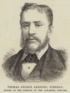Thomas George Ashford, brandman, dödad vid Burning of the Alhambra Theatre (gravyr) av English School