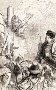 Thomas Hawkes brändes på bål under Marianförföljelserna, ca 1865 (trästick) av English School