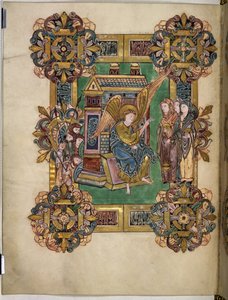 Three Maries at the Sepulchre, från The Benedictional of St Æthelwold, c.963-984 (bläck & guld på pergament) av English School