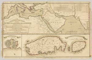 Tre tryckta färgade kartor: Fairburns New Chart som visar General Bonapartes rutt i Medelhavet, 1798 av English School