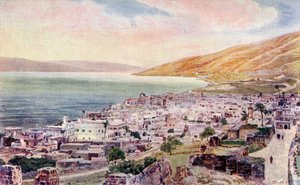 Tiberius och Galileiska sjön, Israel, ca 1910 (färg litho) av English School