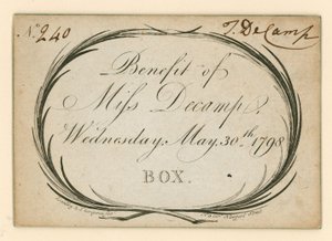 Biljett till Drury Lane Theatre, London: Benefit of Miss Decamp, 30 maj 1798 av English School