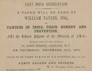 Biljett till en föreläsning av William Tayler från East India Association av English School