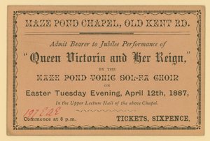 Biljett till en föreställning av Queen Victoria and Her Reign av English School