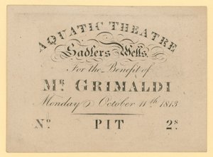 Biljett till Aquatic Theatre, till förmån för Mr Grimaldi, 11 oktober 1813 av English School